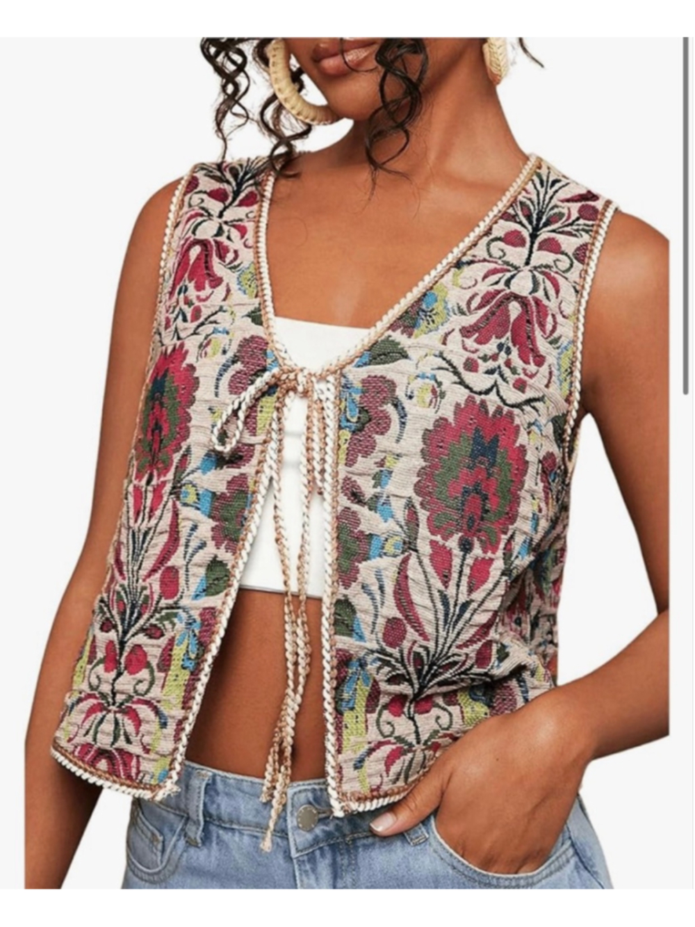 NEW GORGLITTER Western Cardigan Floral Boho Vest Sleeveless Tie Front M